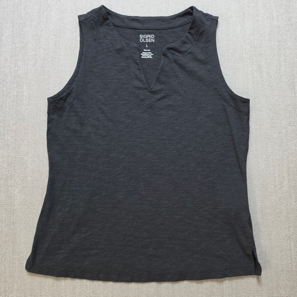 Sigrid Olsen Tank Top Women Large Gray Split V-Neck Cotton Blend Slub Knit